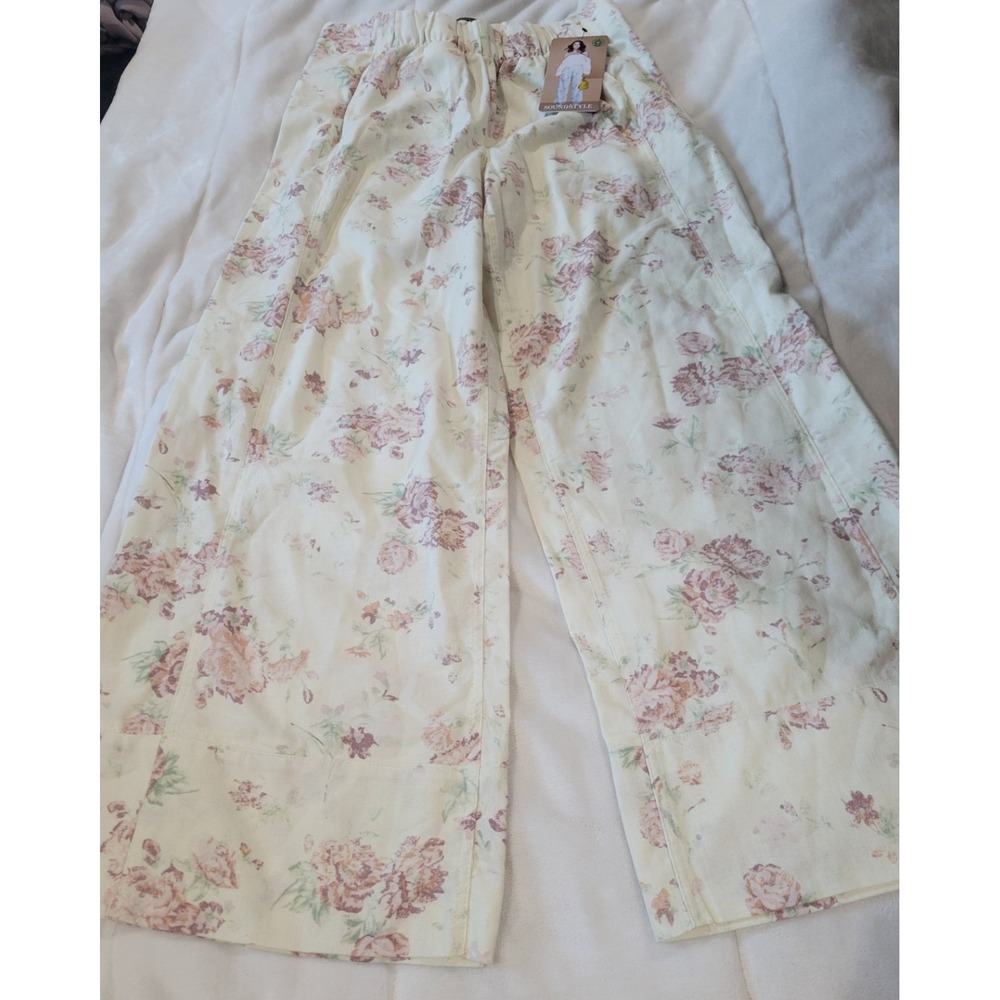 Soundstyle Women Floral Wide Leg Linen Blend Pants Cream Pink Cottagecore Large